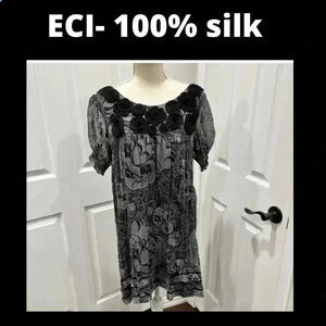 ECI 100% silk Fully lined mini dress with chest flower detailing